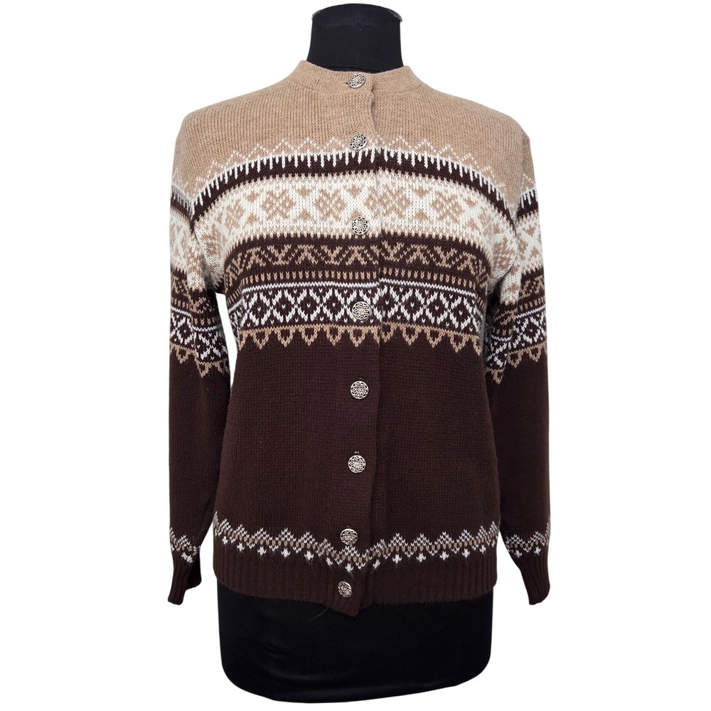 Amana‎ Woolen Mill Vintage Fair Isle Nordic Button Down Cardigan Sweater Size L